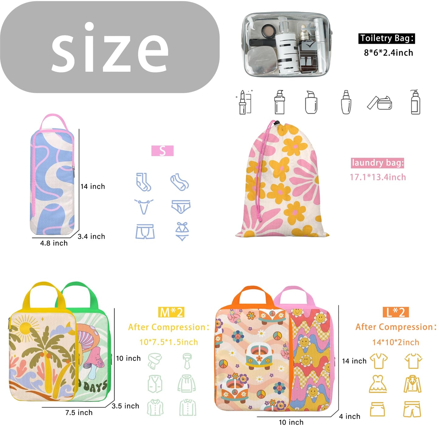 Hitanfe 8 Pcs Compression Packing Cubes Travel for Suitcases, Waterproof Luggage Organizer Washable Storage Bags Set for Backpack Travel- Packaging Cubes for Carry-Ons and Storage