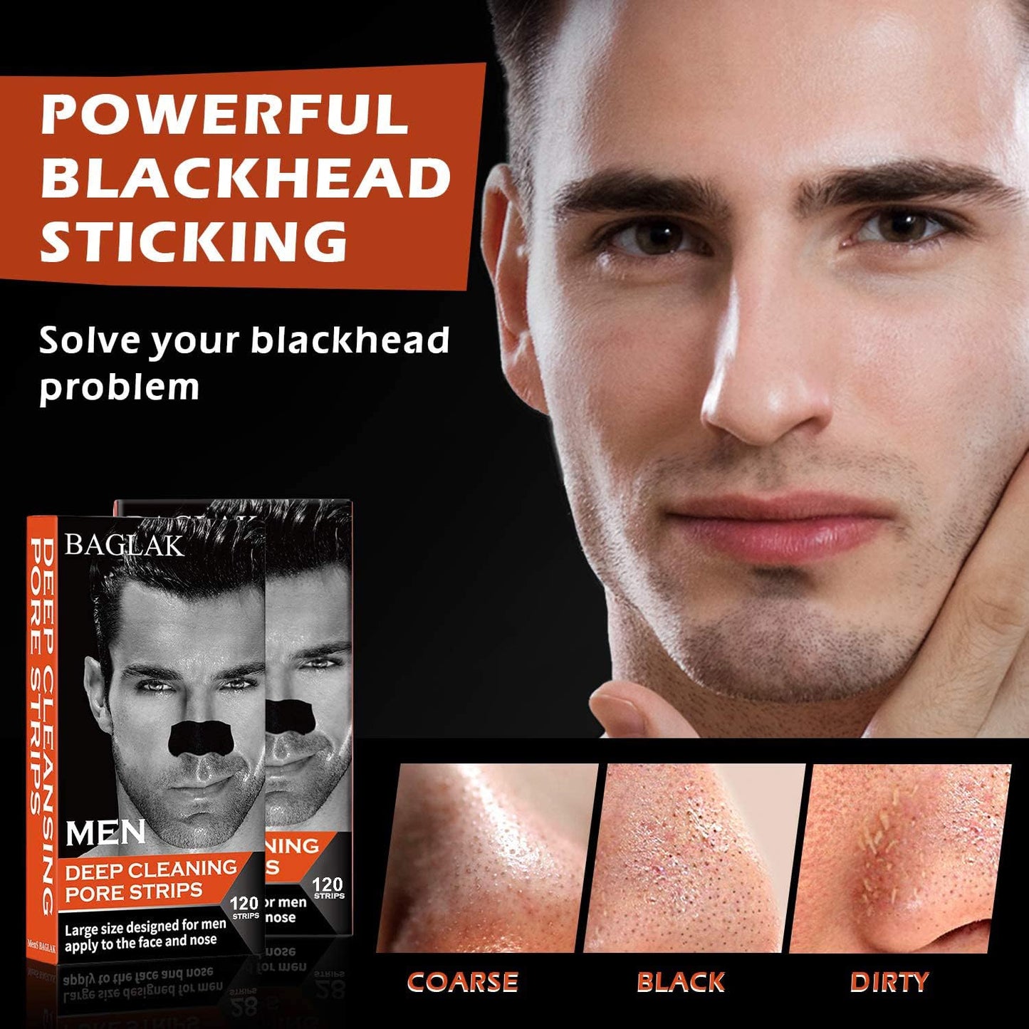 BAGLAK Men Blackhead Pore Strips - 120 Strips - Deep Cleansing - Face Nose Pores - Blackheads Removal - Large Size For Nose+Face