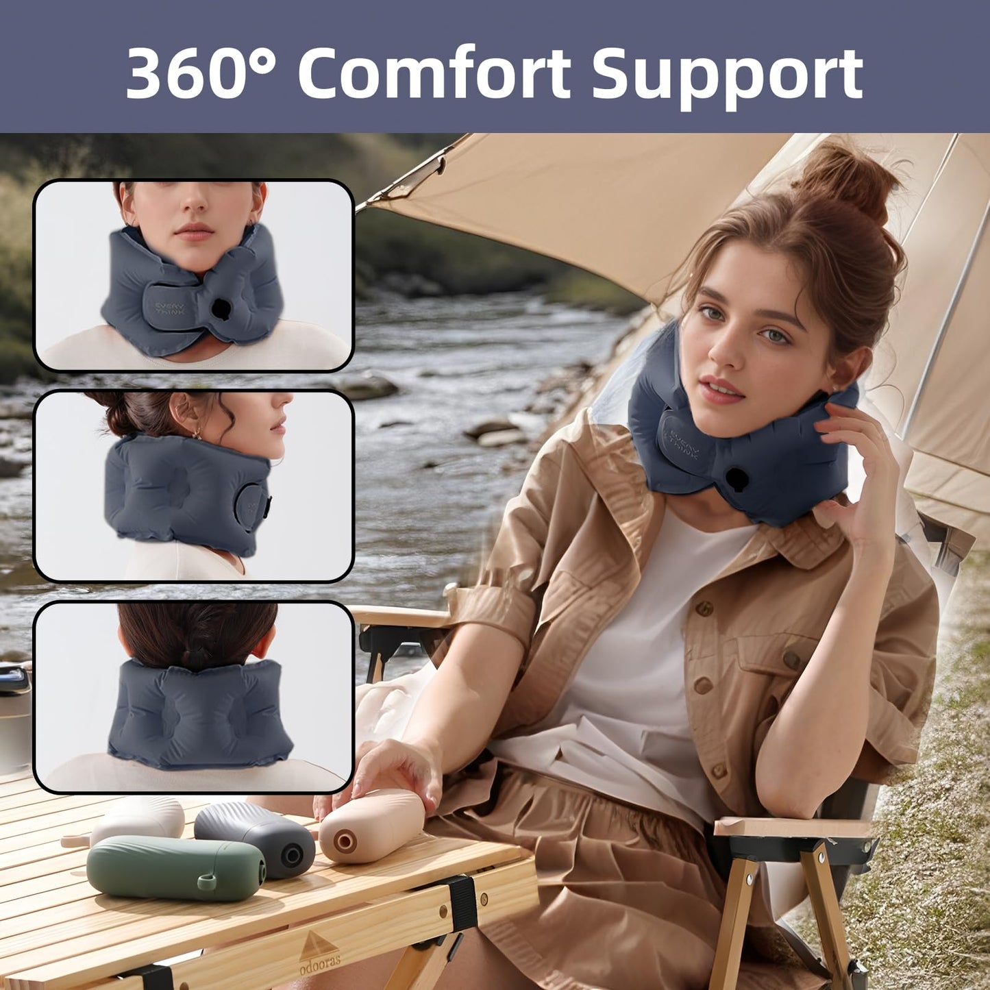 EVERY THINK Inflatable Travel Pillow - Travel Pillow for Long Flight, Inflatable Neck Pillow for Traveling, Pocket Blow Up Pillow for Airplane, Bus, Train, Car, Office, Home (Navy Blue)