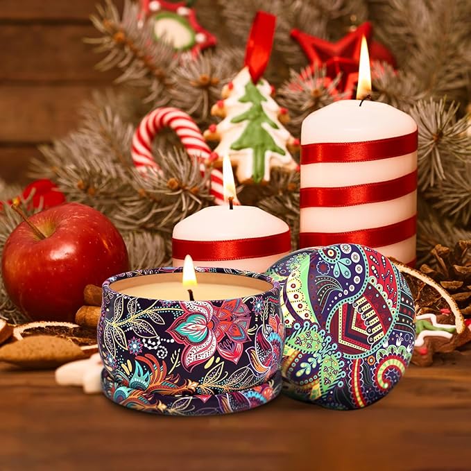 Scented Candles Gift Set for Christmas Thanksgiving, 3 Packs Natural Soy Wax Portable Travel Tin Candle, Bohemia Aromatherapy Gift Basket for Friends Classmates Colleagues