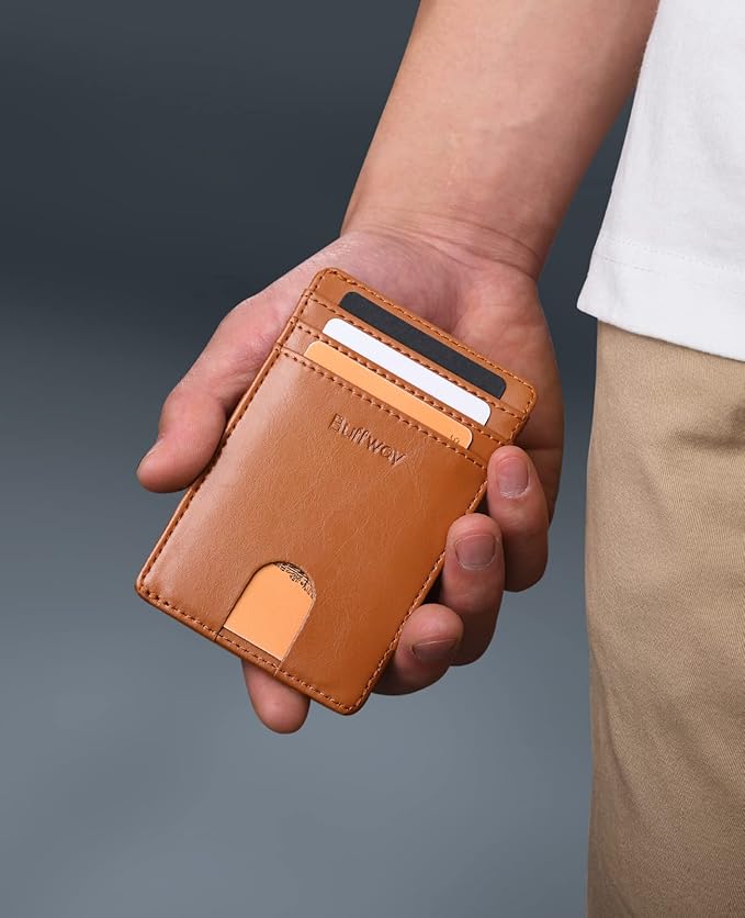 Buffway Mens Slim Wallet, Minimalist Thin Front Pocket Leather Credit Card Holder with RFID Blocking for Work Travel