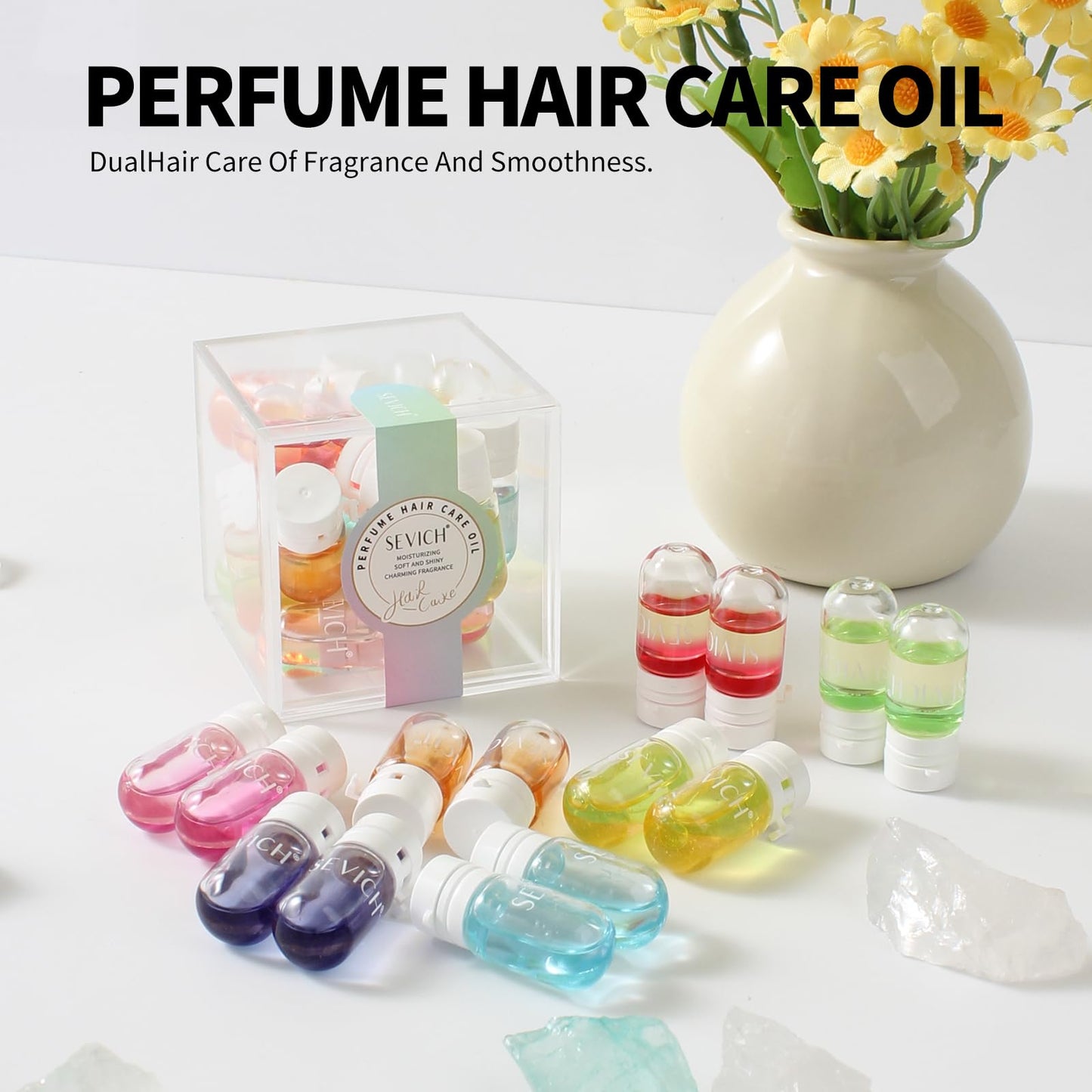 SEVICH Perfume Hair Oil Capsules 15-Pack, 2-in-1 Hair Treatment & Lightweight Serum, Heat & UV Protection, Frizz Control & Shine, Portable Travel Hair Care for All Hair Types
