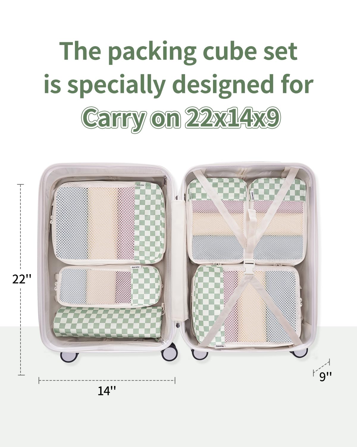 Narwey 6 Set Checkered Compression Packing Cubes for Travel Women Kids Carry on, Cute Packing Organizers Bag for Luggage Suitcase Backpack Duffle Bags (Mint Green Checkerboard)