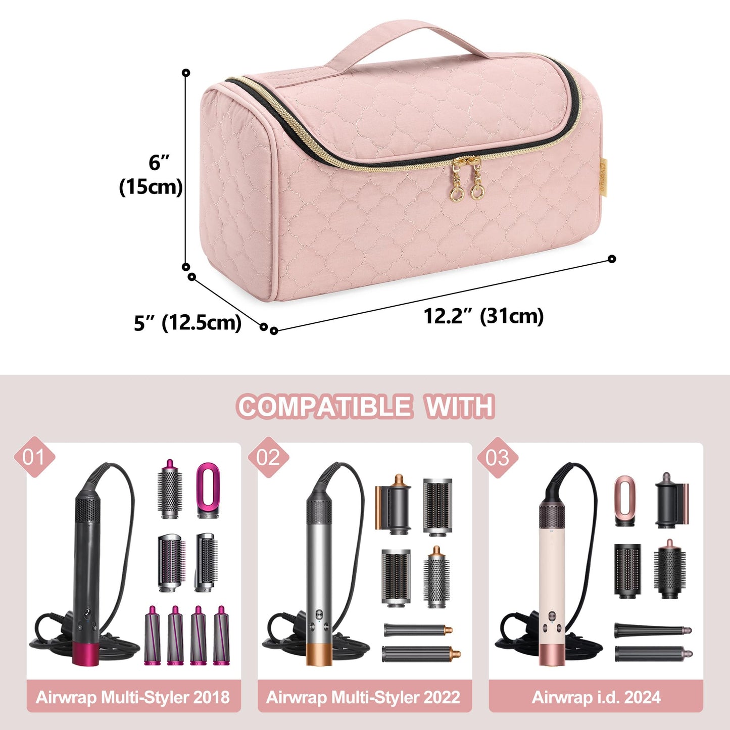 Yarwo Airwrap Travel Case Compatible for Dyson Airwrap Complete Styler All Models and Attachments, Portable Storage Bag with Hanging Hook for Hair Curler Accessories, Pale Mauve (Patent Design)