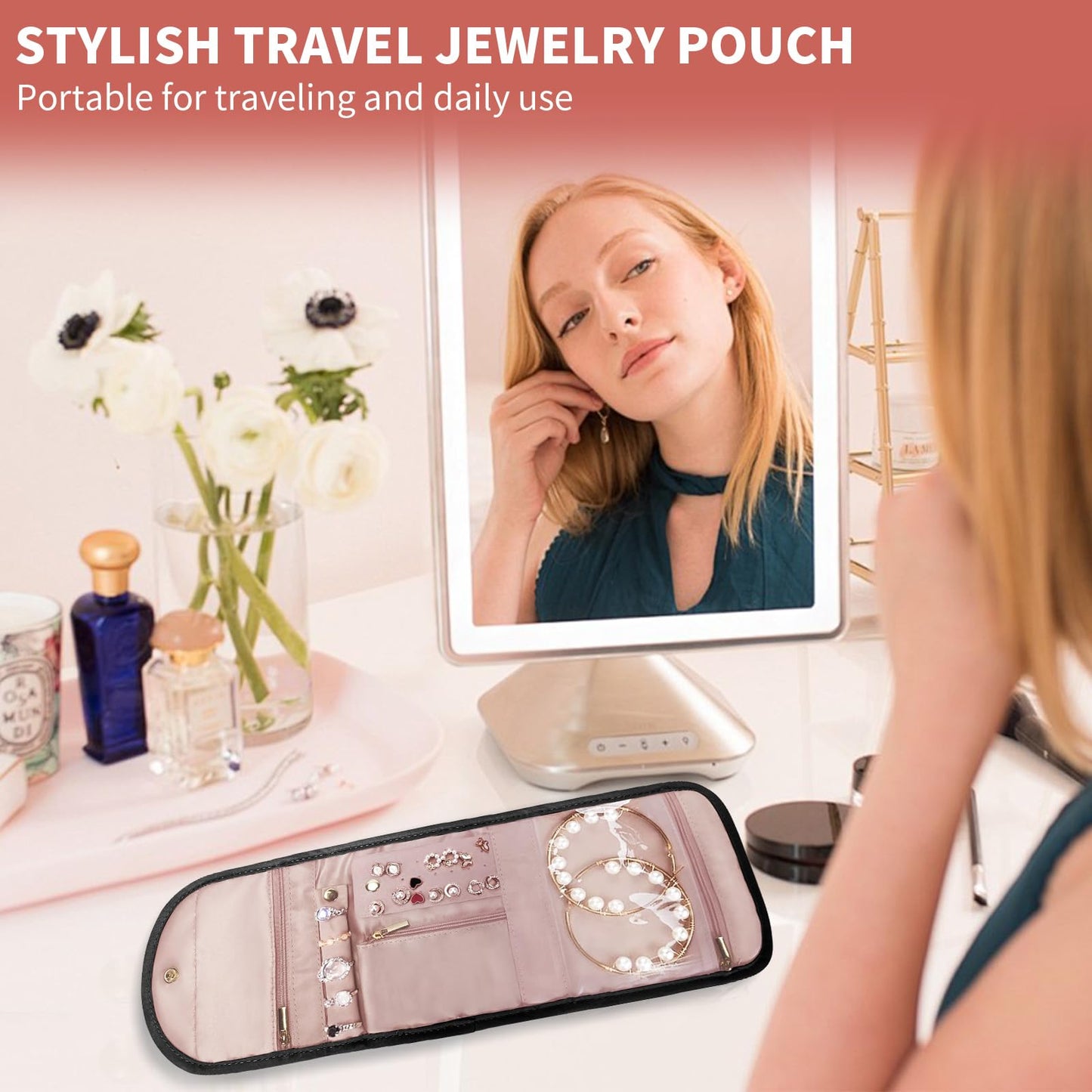 SUNRISING Travel Jewelry Organizer Case for Women, Foldable Jewelry Roll Pouch Bag with Portable Design for Journey Rings, Necklaces, Earrings, Bracelets, Mini - Black