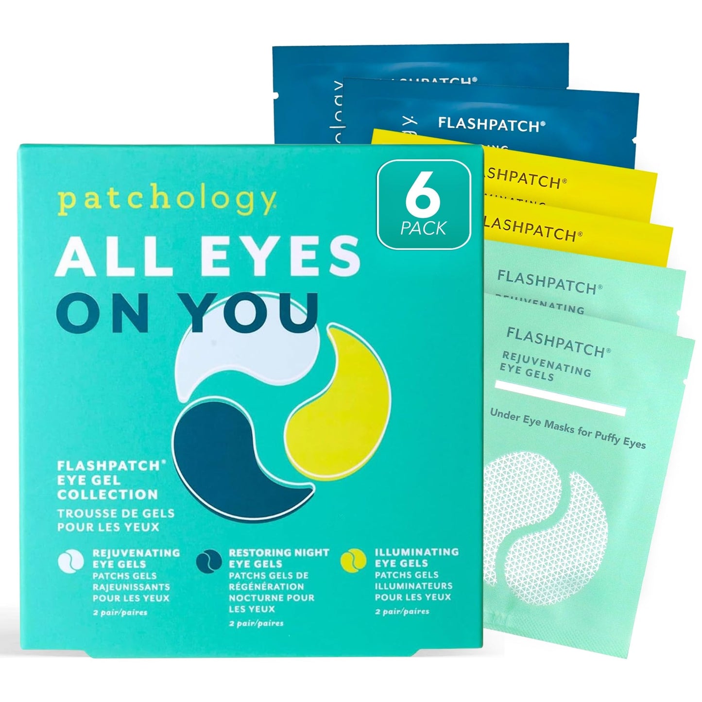 Patchology All Eyes On You Under Eye Mask - Retinol, Collagen & Green Tea Infused - Eye Gels for Dark Circles, Puffiness, & Wrinkles, Eye Patches for Night, Beauty Travel, Reduce Puffy Eyes (6 Pairs)