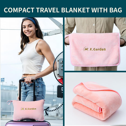 Travel Cooling Blanket and Pillow- Soft 2 in 1 Airplane Compact Flight Essentials Car Pillow Travelers Gifts Accessories Compact Pack Blanket for Any Travel with Luggage Backpack Strap,Pink