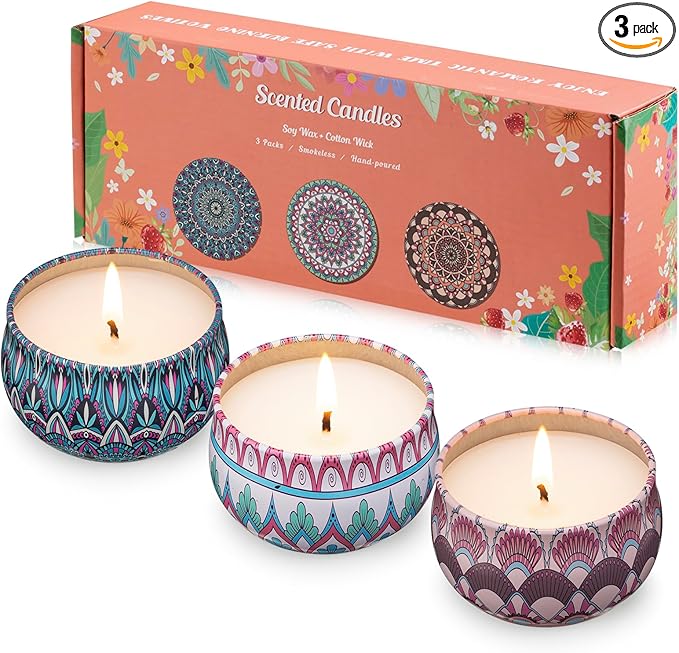 Hausware 3 Pack Scented Candles, 2.5 oz Aromatherapy Candles with Floral Scents,Soy Candles Set with 72H Burning Time,Ideal Gift for Women (Strawberry+Lilac+Freesia)