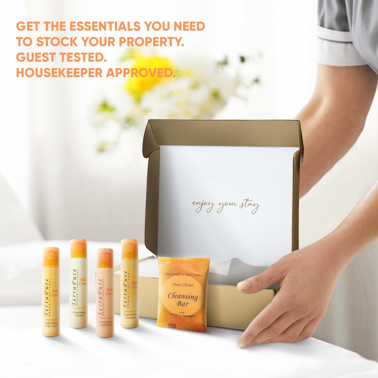 Terra Pure Amenity Kit | Boxed Hotel Toiletries Bulk Set | 1 oz Shampoo, Conditioner, Lotion, Body Wash & Cleansing Bar | 1 Set per Case