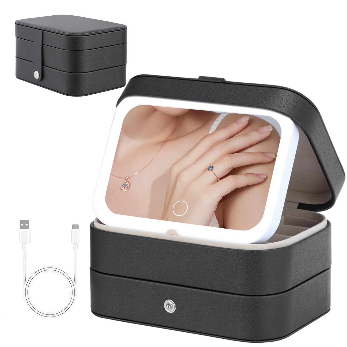 KJroom Travel Jewelry Case with LED Lighted Mirror, Portable Travel Jewelry Organizer, 2-Layer Jewelry Box for Earrings Necklace Bracelet Rings, Birthday Gifts for Women Girls Kids (Black)