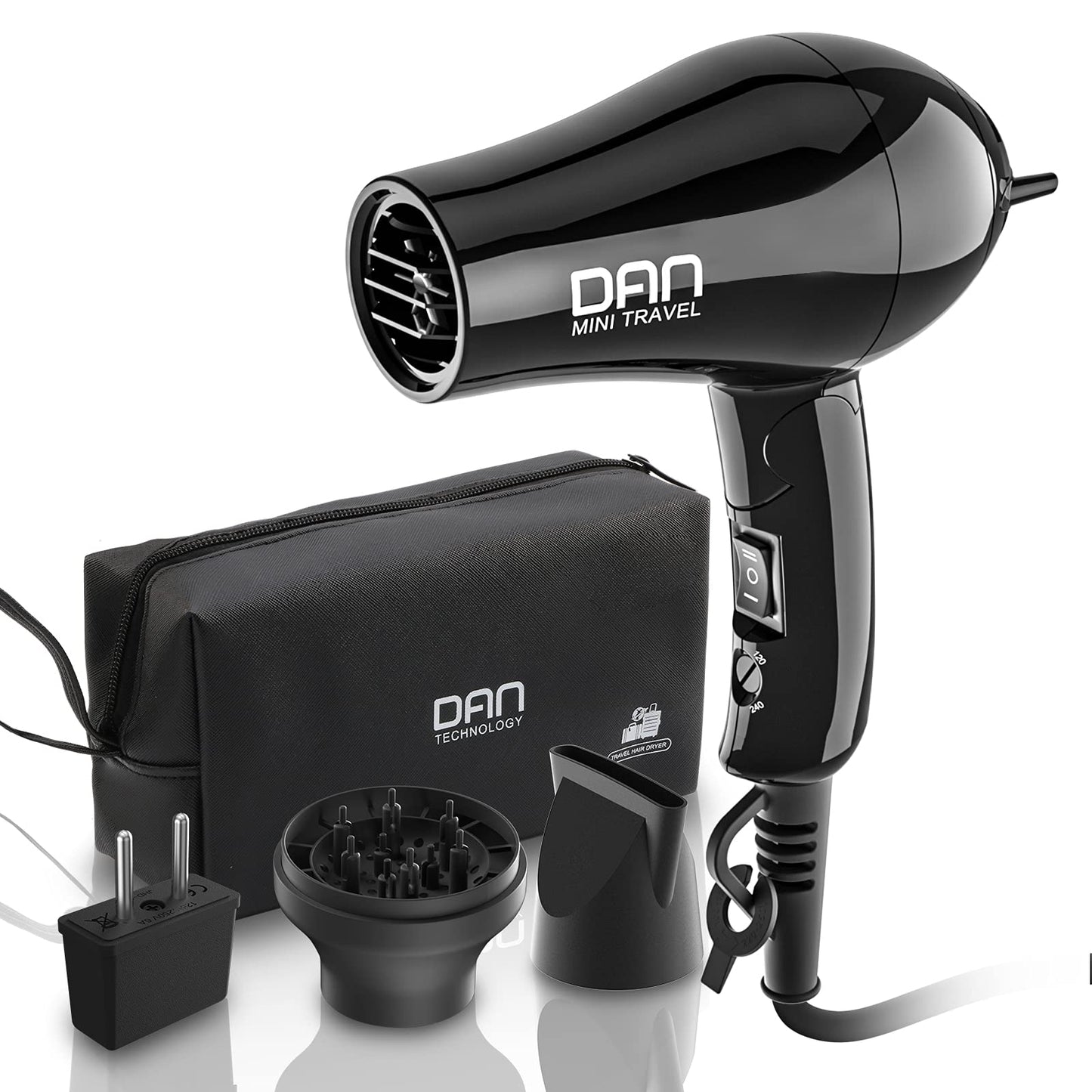 Dan Technology Compact Hair Dryer,Travel Hair Dryer,Portable Mini BlowDryer with Concentrator&Diffuser,HairDryer with European Plug