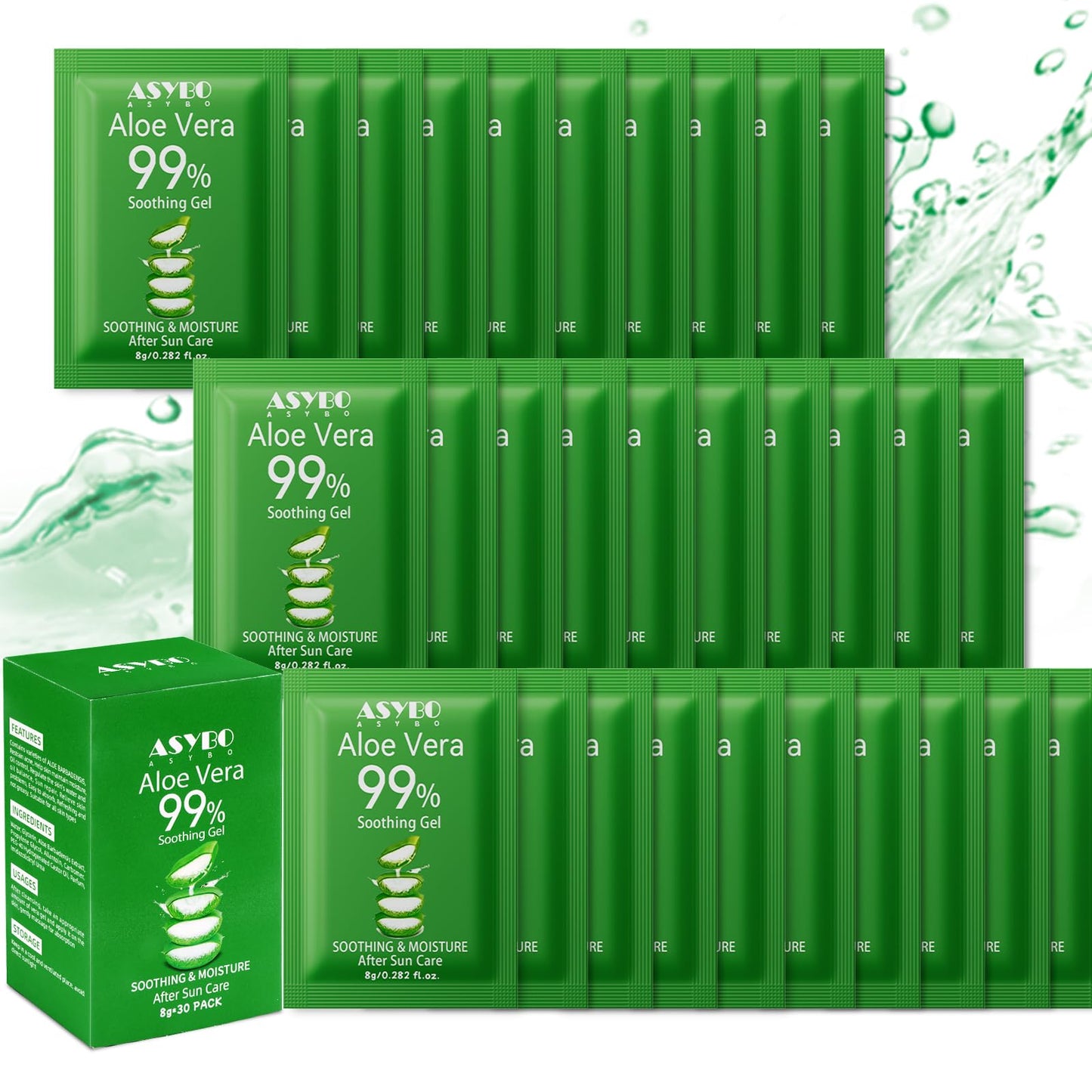 ASYBO 30 Pack Natural Aloe Vera Gel -99% Pure Moisturizing Aloe Vera, Soothing and Hydrating, Sunburn and Scar Repair, Portable Travel Size, After Sun Care for Face Body Hair