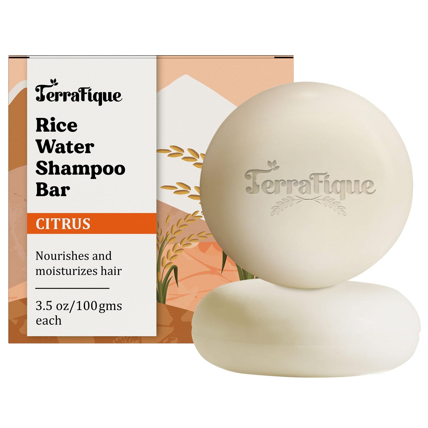 Terrafique Rice Water Shampoo Bar - Cleans, Strengthens - Bar Shampoo for Thinning Hair - Color Safe - Travel Soap - Contains Shea, Coconut Oil and Rice Water for Hair Growth - Citrus - 3.5 Oz- 2 Pack