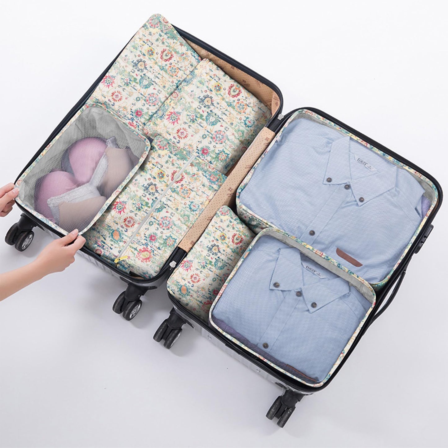 BHAHB 7 Set Packing Cubes Travel Luggage Organizers for Suitcase Travel Accessories with Shoe Bag for Girls Women Aesthetic Cute Boho Bohemian-Green Floral