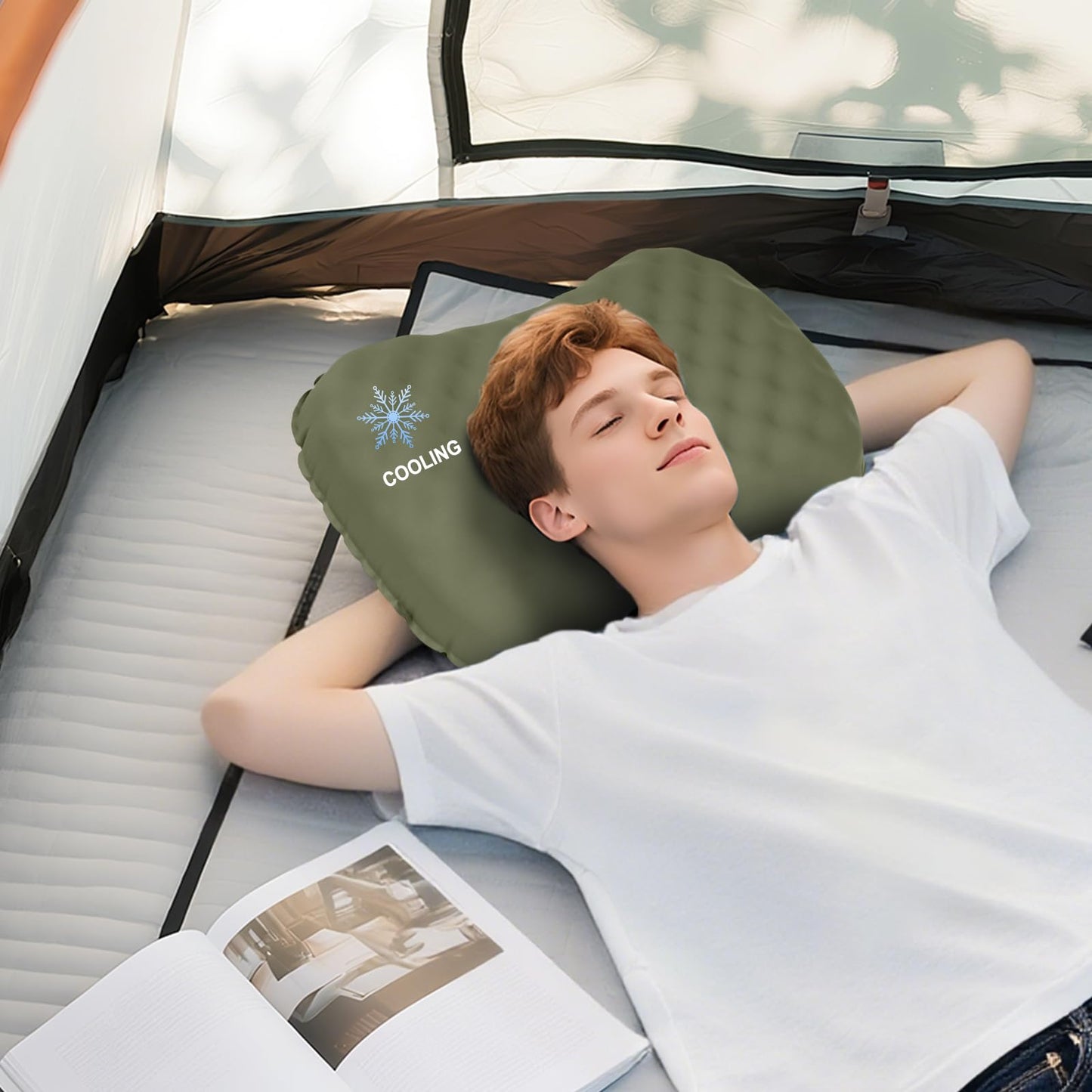 UWILLION Camping Pillow with Ice Silk Memory Foam Cover - Ultralight Inflatable Pillow for Camping Lightweight, Ergonomic and Washable for Camping, Hiking, and Travel Green