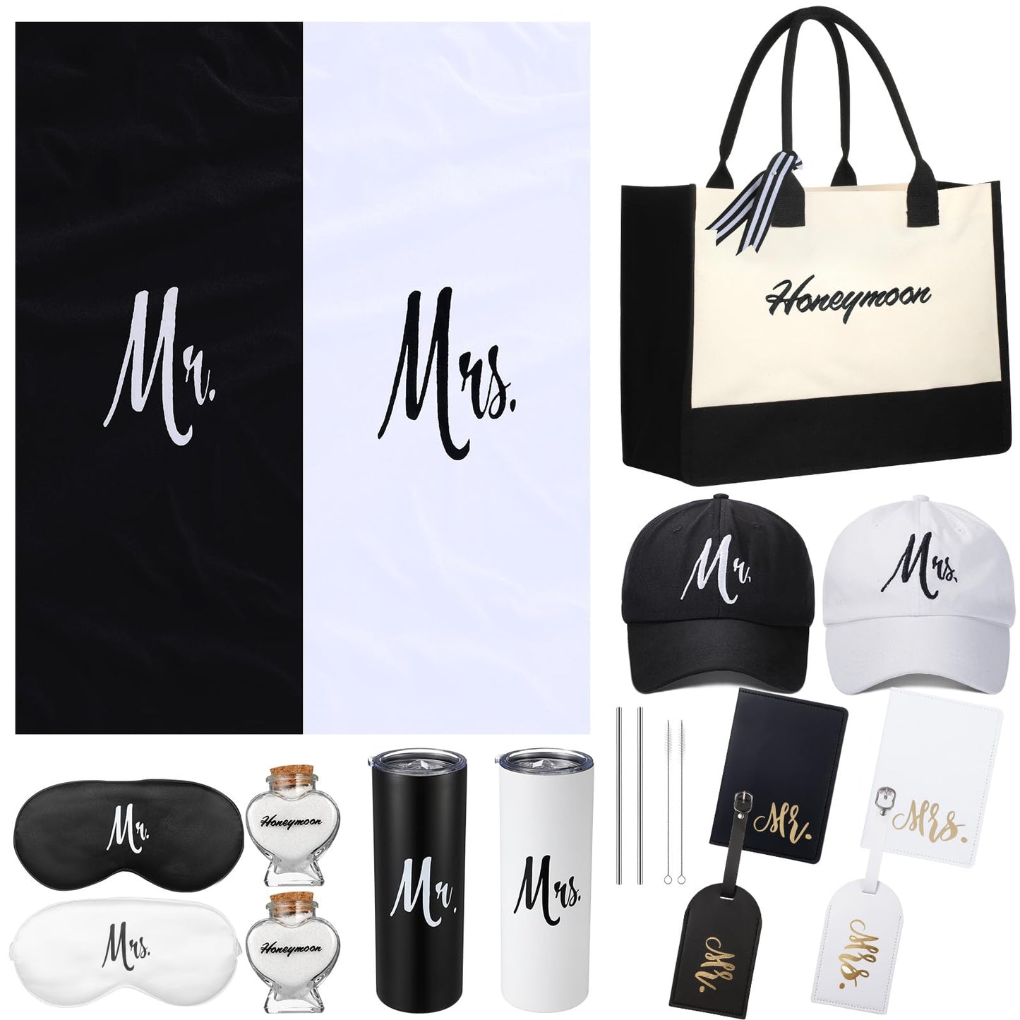 Preboun 14 Pcs Wedding Gifts for Couple Honeymoon Gifts Include Mr and Mrs Beach Towels 20 oz Wine Tumbler Hat Shareable Passport Holder Baggage Tag Glass Bottle Canvas Honeymoon Tote Bag Sleep Mask
