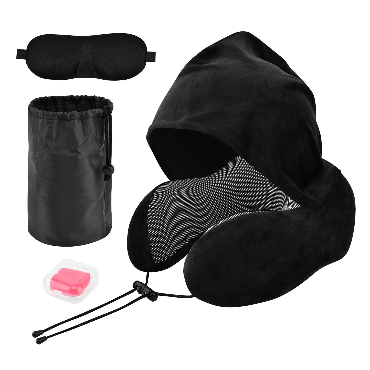 Hooded Travel Neck Pillow, Soft Travel Pillow with Earplugs & Eye Mask U Shaped Memory Foam Neck Pillow with Hood for Airplane, Office, Cars Sleeping Rest(Black)