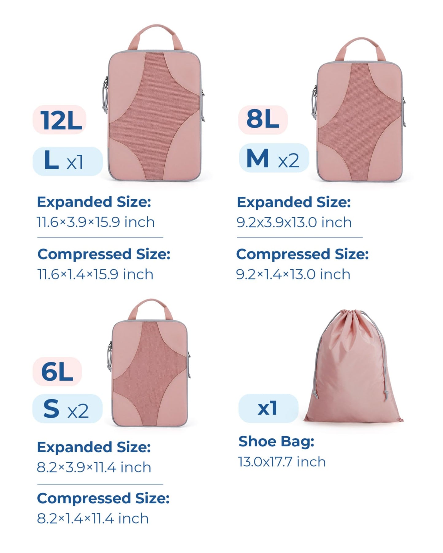 BAGSMART Compression Packing Cubes for Travel, Compressible Luggage Organizer for Carry On Suitcase, Lightweight Travel Essentials 6-Pack 1L+2M+2S+1Shoe Bag,Clay Pink