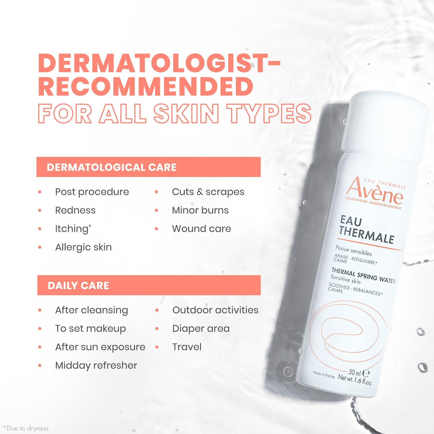 Avene Thermal Spring Water, Soothing Calming Facial Mist Spray for Sensitive Skin, 1.6 Oz