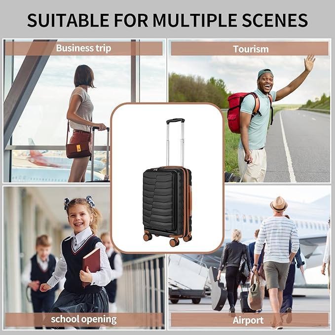 22×14×9 Airline Approved Carry On Expandable Luggage with Front Open Pocket, Spinner Wheels, ABS+PC Hardshell Small 20inch Suitcase with Protective Cover and Luggage Tag, Black