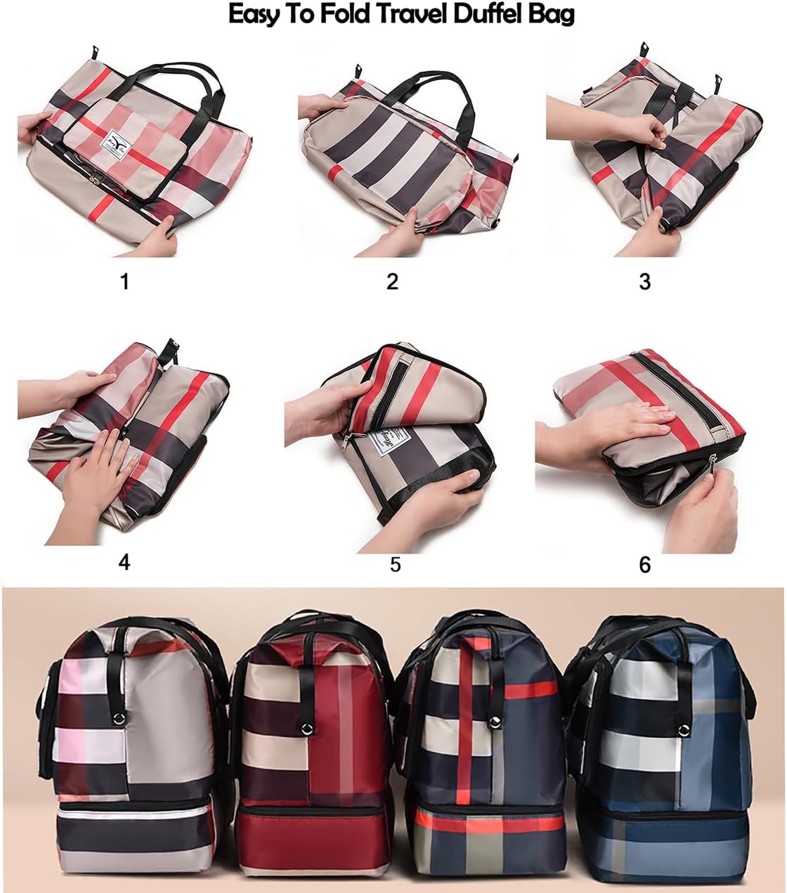 NWLR New Foldable Dry/Wet Separation Travel Duffel Bag with Shoe Compartment Large Capacity Folding Weekender Overnight Bag Lightweight Waterproof Gym Tote Bag (F-Khaki)