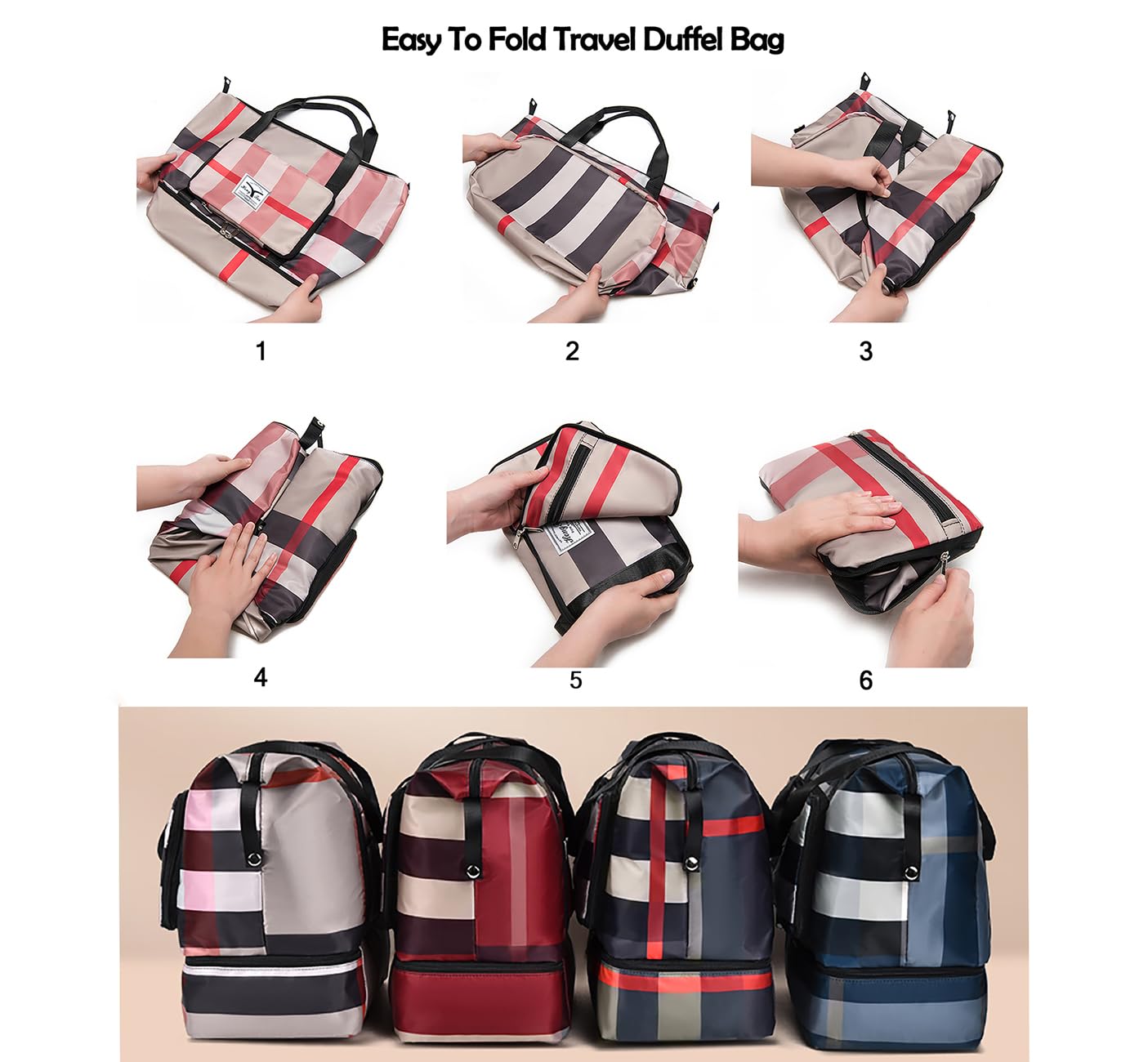 NWLR New Foldable Dry/Wet Separation Travel Duffel Bag with Shoe Compartment Large Capacity Folding Weekender Overnight Bag Lightweight Waterproof Gym Tote Bag (F-Khaki)