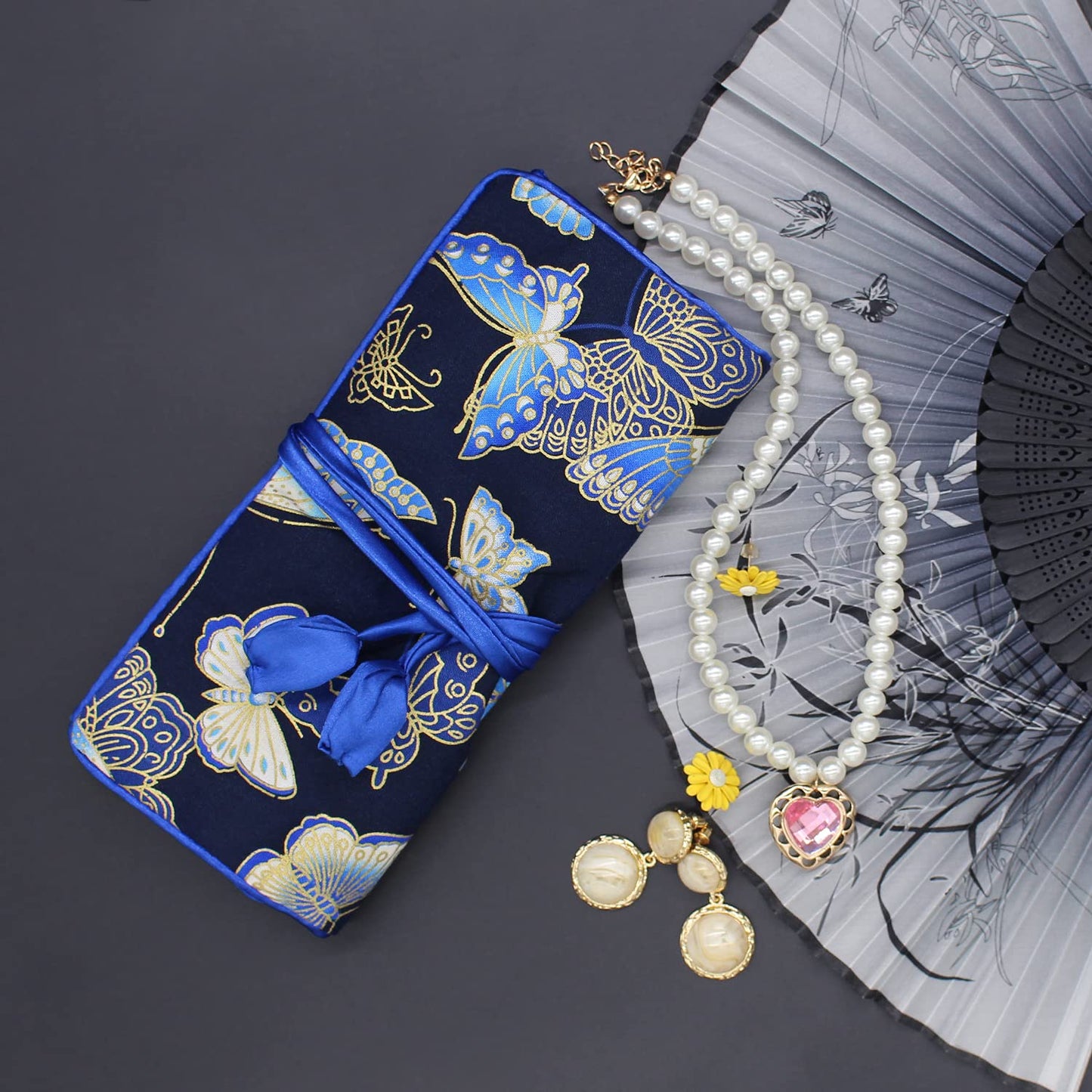 Wei Long Jewelry Roll,Travel Jewelry Roll Bag,Silk Embroidery Brocade Jewelry Organizer Case with Tie Close (Butterfly,Dark Blue)