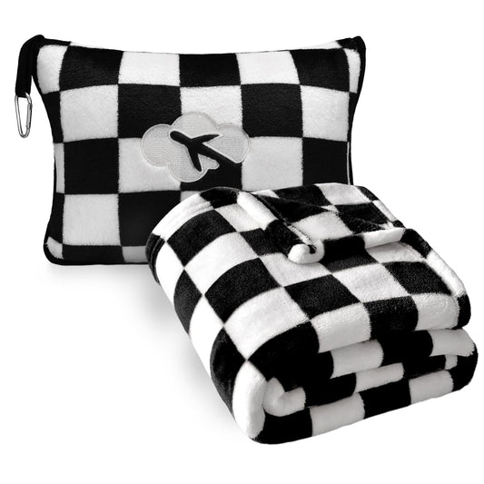 Travel Blanket and Pillow Compact, Premium Soft 2 in 1 Airplane Blanket with Soft Bag Pillowcase,Hand Luggage Sleeve and Backpack Clip (Checkered Black)