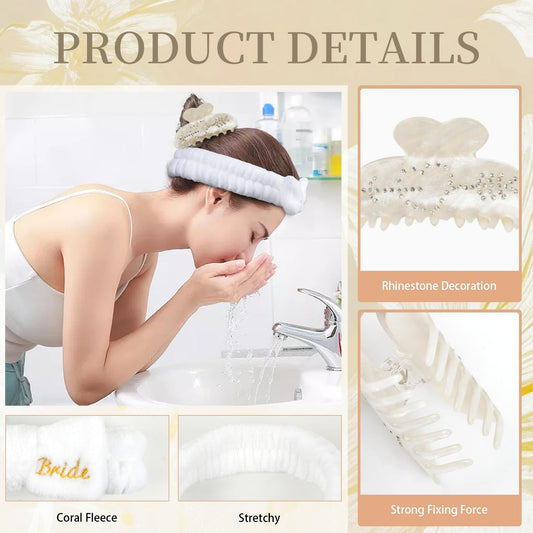 Hazms Bride To Be Gifts Set-4Pcs Bridal Shower Gifts Ideal Bride Gifts for Bachelorette, Wedding, Engagement and Honeymoon Bridal Hair Clip,Makeup Bag, Slippers, Hair Bands Bridal Gifts Set