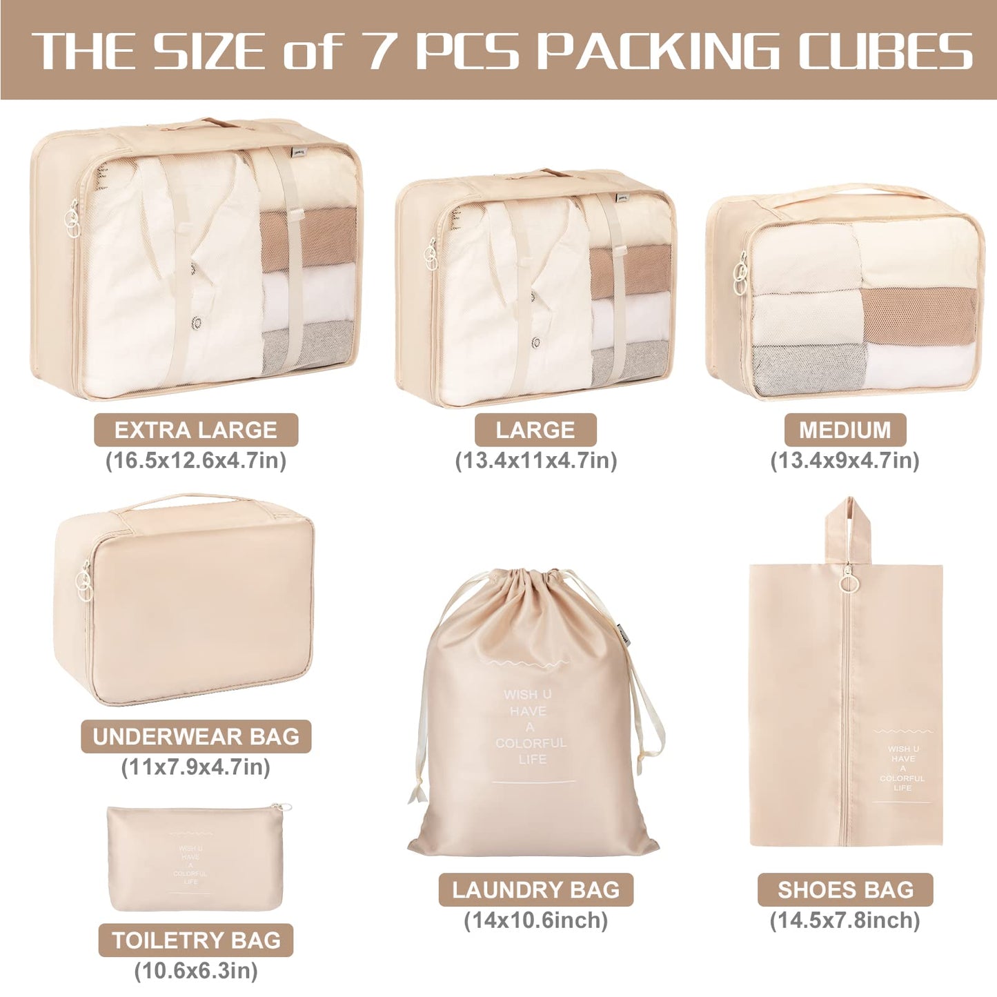 FAMOMI Packing Cubes 7 Set Travel Cubes for Suitcases Lightweight Luggage Packing Orginzers for Travel Acessories (Creamy-White)