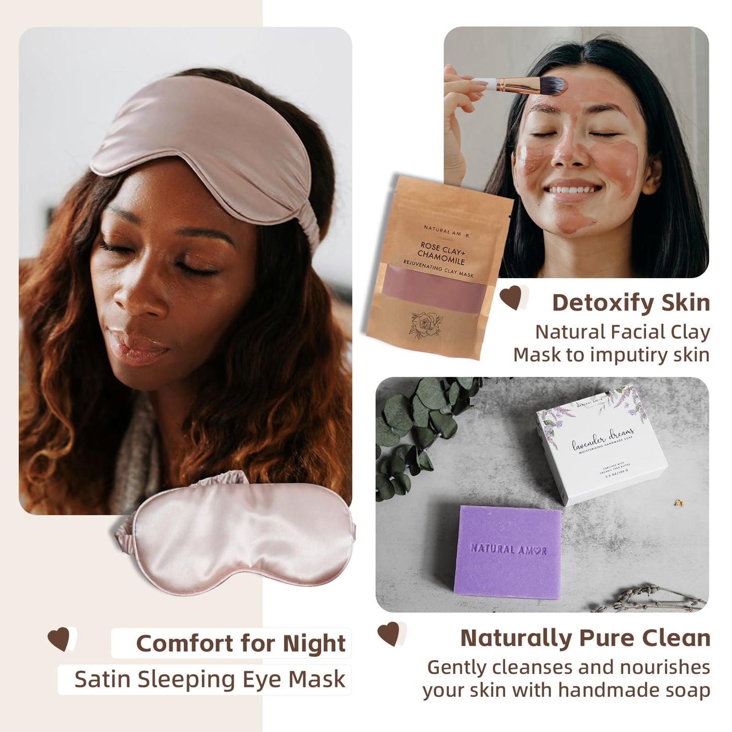 Natural Amor Spa Gift Set for Women – Handmade Lavender Soap, Rose Clay Mask, Candle, Rose Bath Salt & Sleep Mask – Relaxing Self Care Kit, Birthday Gift Box for Her