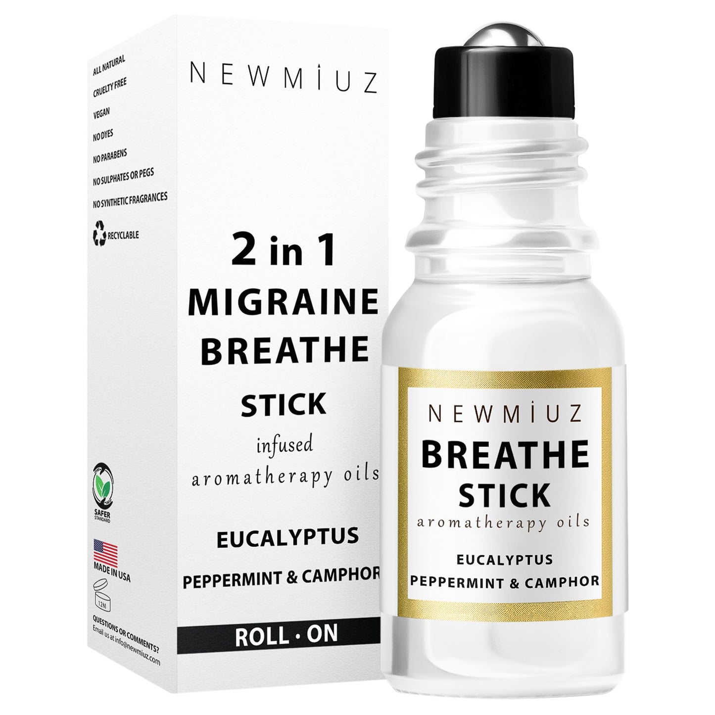 Breathe Easy Roll on Stick Peppermint Eucalyptus Essential Oil Blend Stress Sinus Natural Relief Gifts for Women Men Perfect Stocking Stuffers