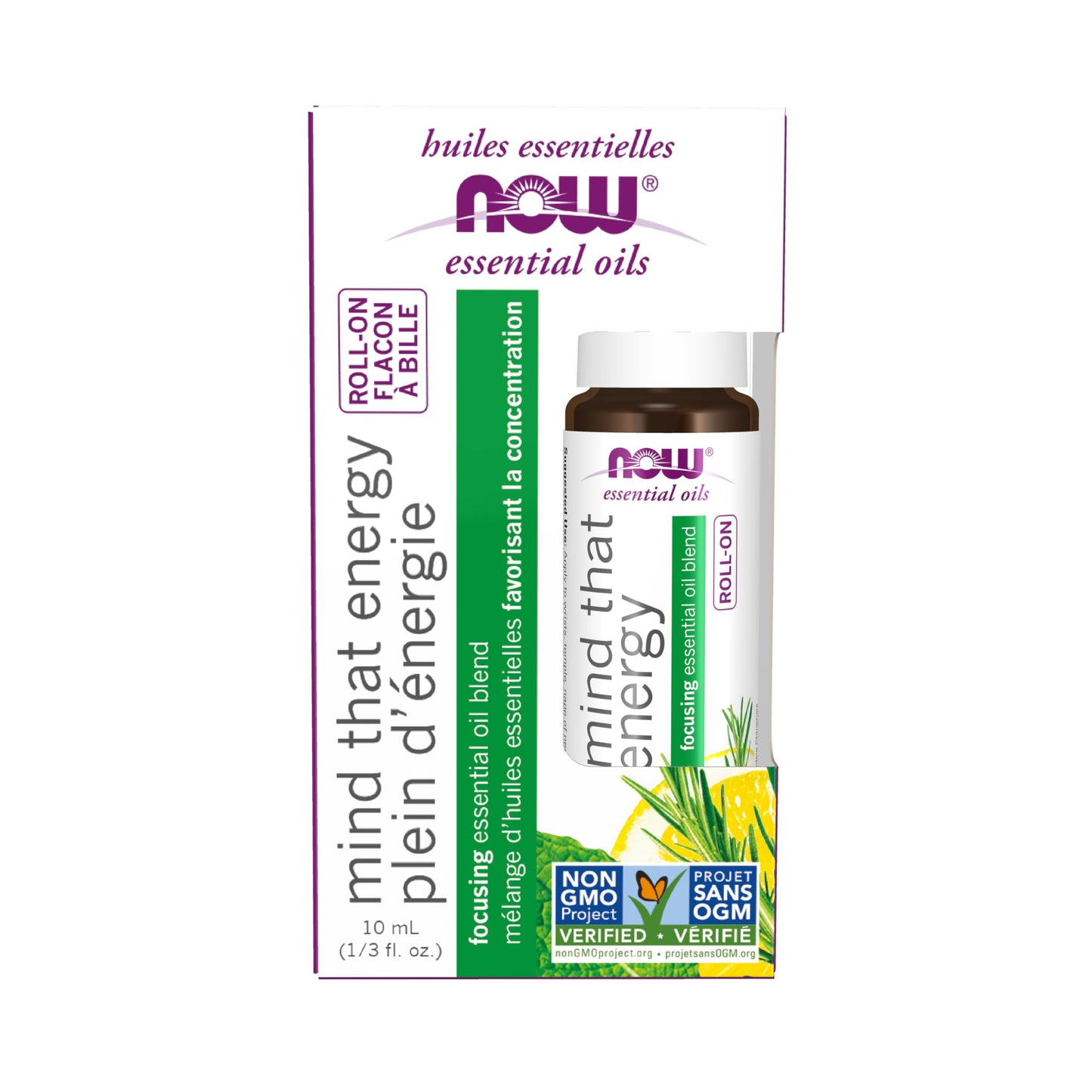 NOW Essential Oils, Mind That Energy Roll On, Non-GMO Project Verified, Focusing Blend, Steam Distilled, Topical Aromatherapy, 10-mL