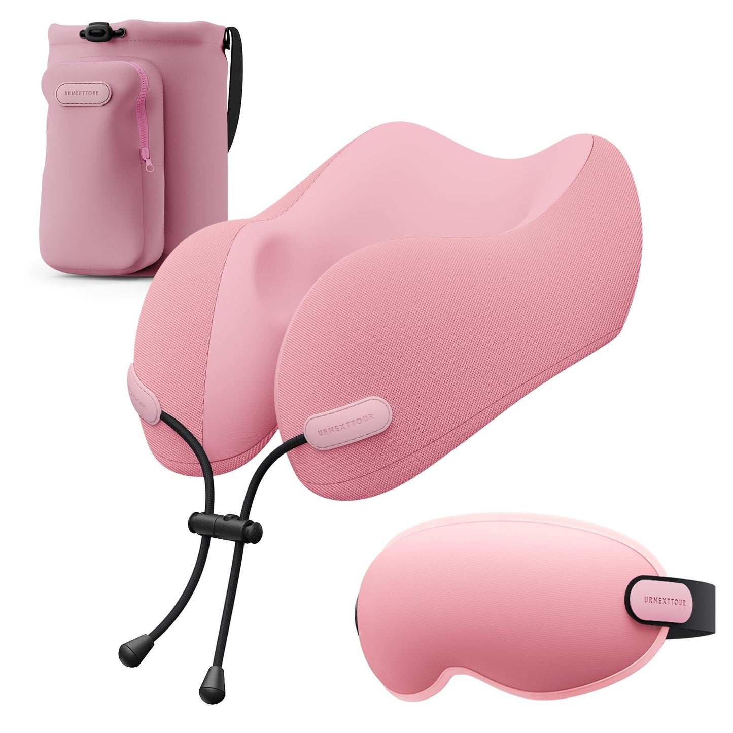 urnexttour Neck Pillow for Travel Memory Foam Design Models Pillows with Zero Eye Pressure 3D Eye Mask and Compact Bag Traveling Essentials Plane Car Flight Rest Sleeping Use Adult, Pink