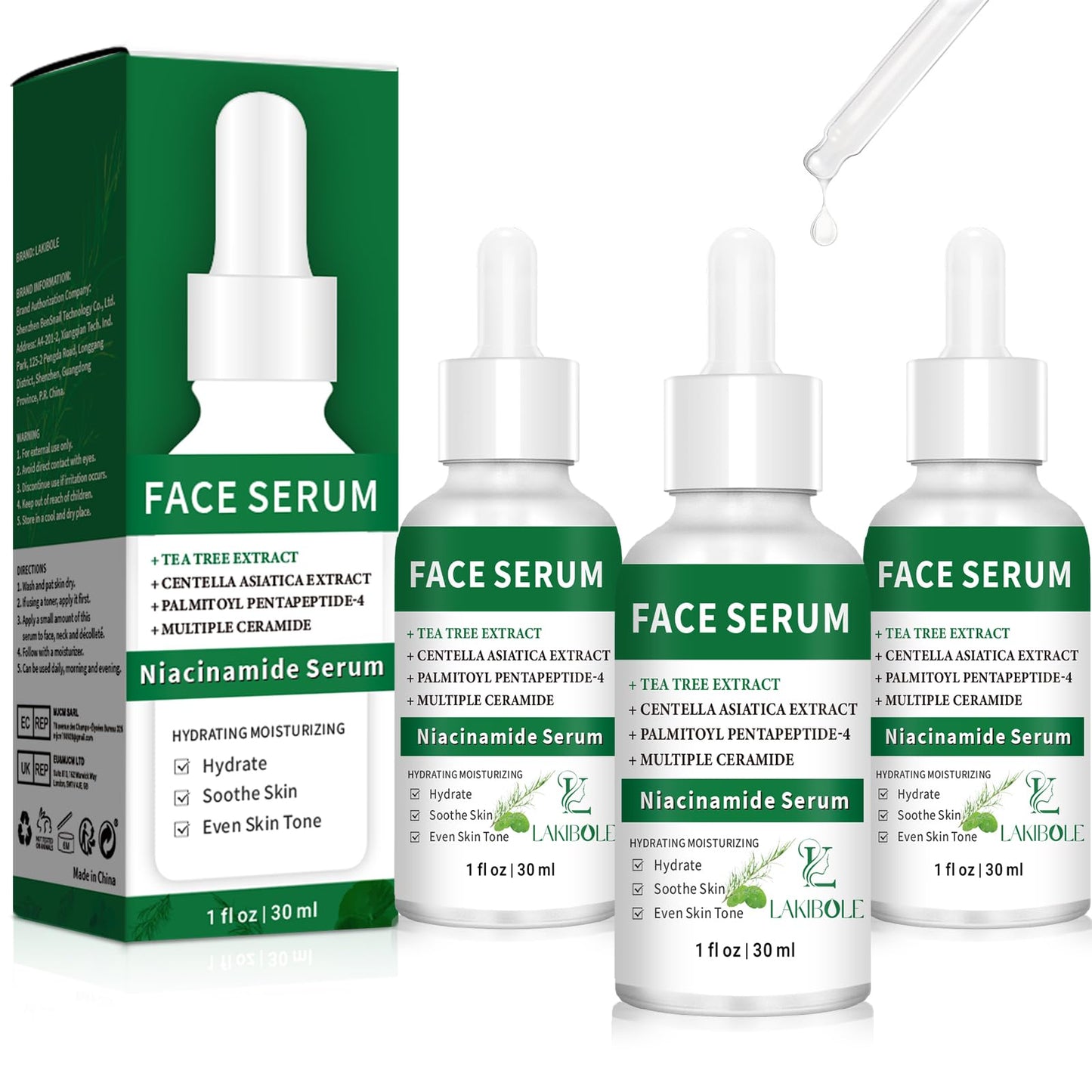 3 Pack 5% Niacinamide Serum with 4% Tea Tree Extracts & 1% Centella Asiatica Extracts for Hydration and Even Tone (1fl.oz/30ml Each)