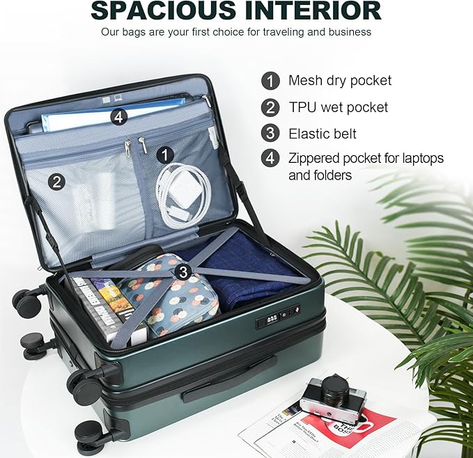 KROSER Carry On Luggage with Spinner Wheels & Built-in TSA Lock, Expandable Top Loading Hard Shell Suitcase Large Capacity Durable Rolling Luggage with USB Port, Carry-On 20-Inch, Dark Green