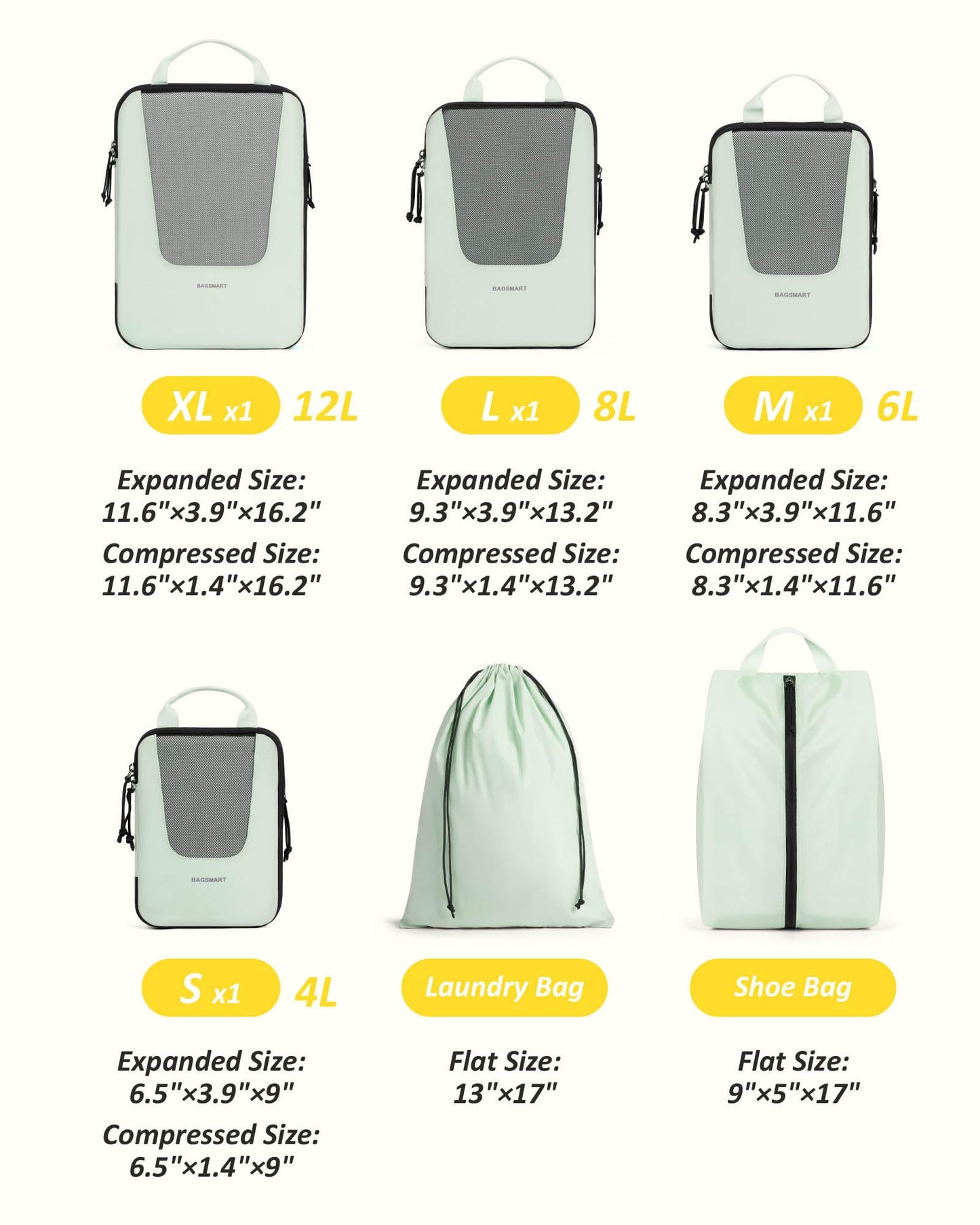 BAGSMART Compression Packing Cubes for Travel, 6 Set Packing Cubes for Suitcases, Lightweight Luggage Organizer Set Cubes for Business Travel Essentials, Light Green