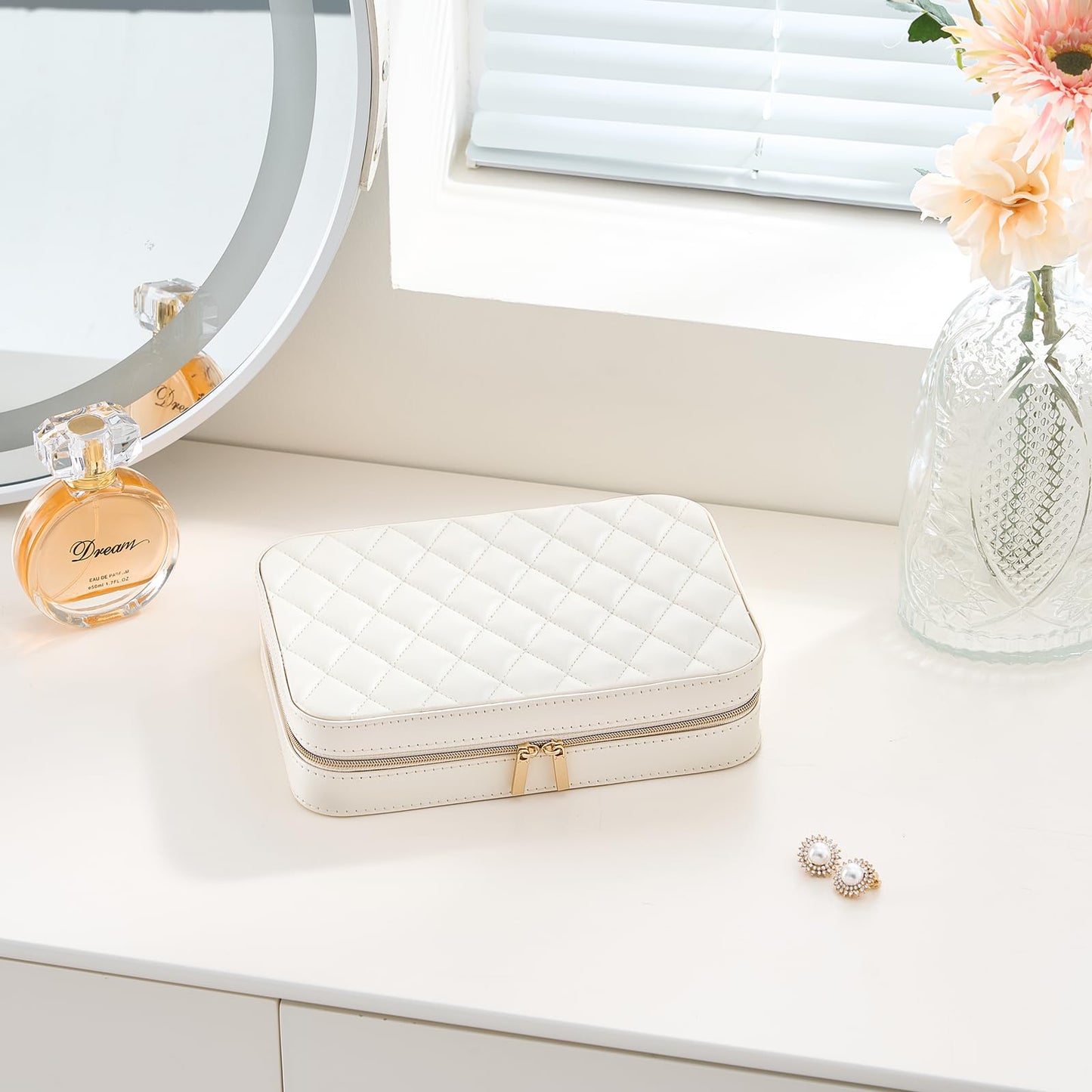 Lolalet Travel Jewelry Case for Women, Travel Jewelry Organizer Box with Mirror & Clear Storage Bag, Small Portable Traveling Earring Necklace Bracelet Ring Case, Bridesmaid Gifts -Medium, White