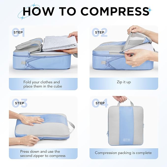10 Set Compression Packing Cubes for Travel Essentials,Compressible Expandable Packing Cubes for Suitcase,OlarHike Luggage Organizer Bags for Travel,Handy Helper for Organizing Clothes(Light Blue)