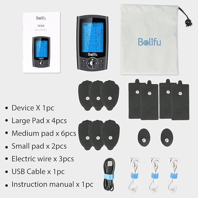 Belifu Dual Channel TENS EMS Unit with 12 Pads, 24 Modes Muscle Stimulator, Electronic Pulse Massager Muscle Massager for Pain Relief Therapy, Fastening Cable Ties, Dust-Proof Drawstring Storage Bag