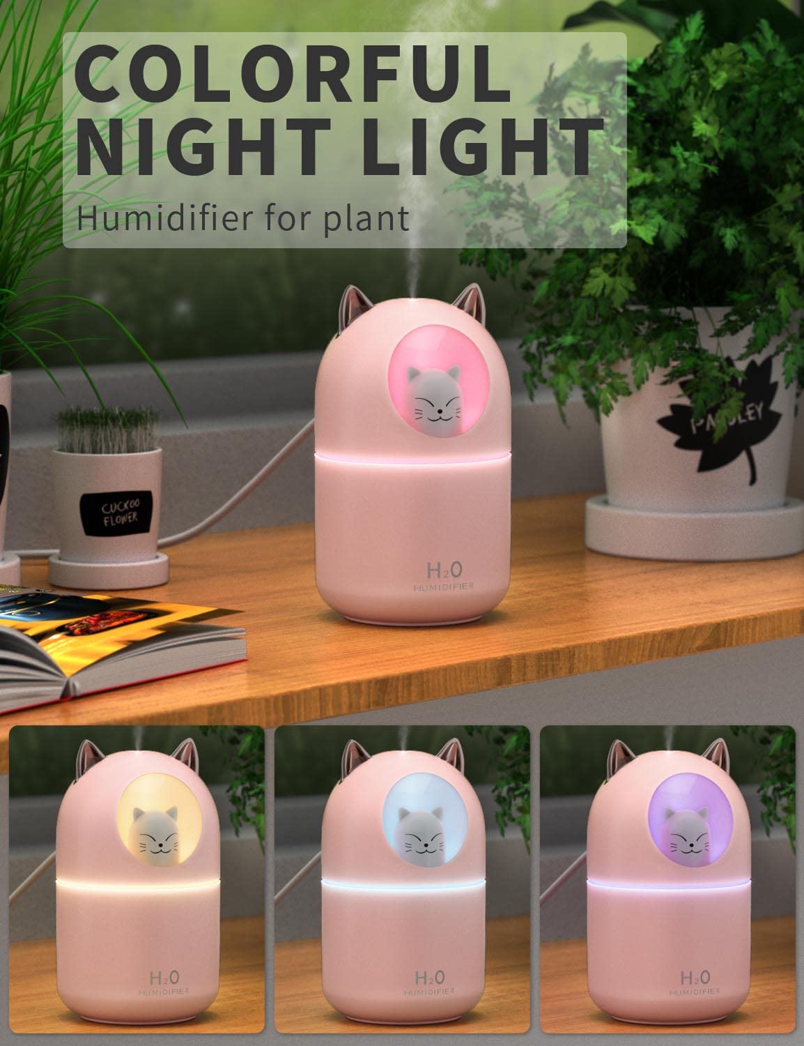 Cool Mist Humidifier,300ml Mini Humidifiers with Night Light,Waterless Auto-Off Air Humidifier,20dB Quiet Humidifiers for Bedroom,Car, Plant for Girl Boy