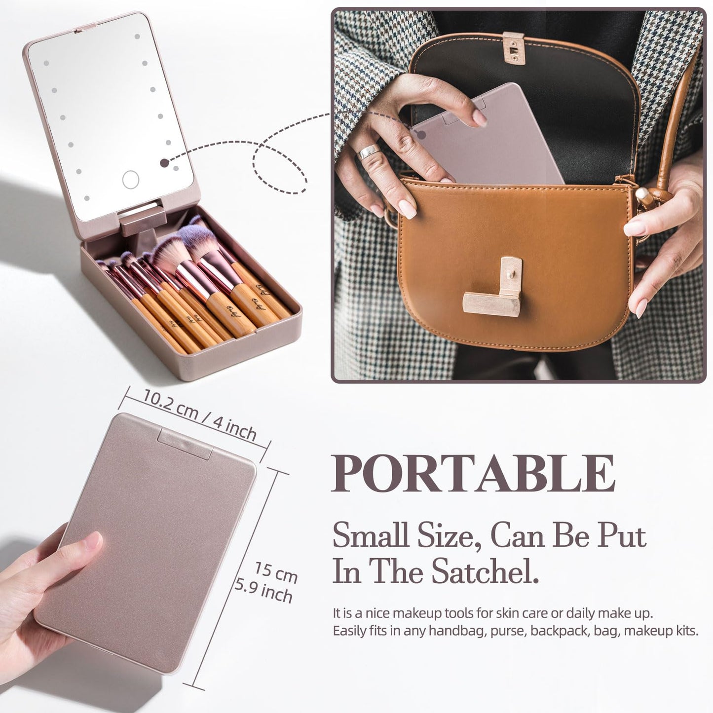 Oneleaf Travel Makeup Brush Set Foundation Powder Concealers Eye Shadows Makeup Set with LED light Mirror 14 Pcs Mini Makeup Brushes (Bamboo)