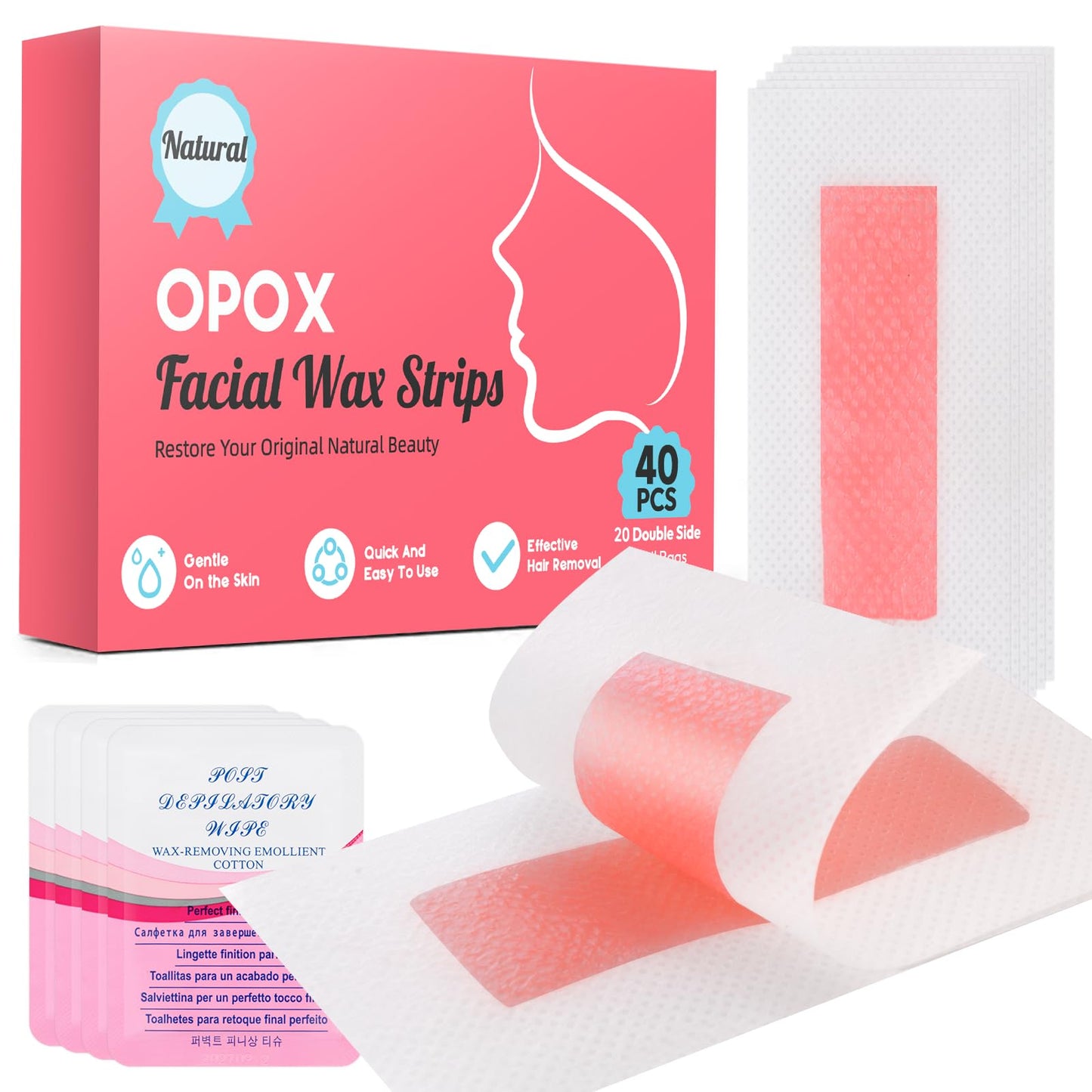 OPOX 40PCS Facial Wax Strips for Hair Removal, Facial Hair Removal for Women, Waxing Kit for Women's Face, Bikini, Chest, Body, Arms, Legs, Back, & Brazilian | 40ct Waxing Strips & 4 calming Oil Wipes