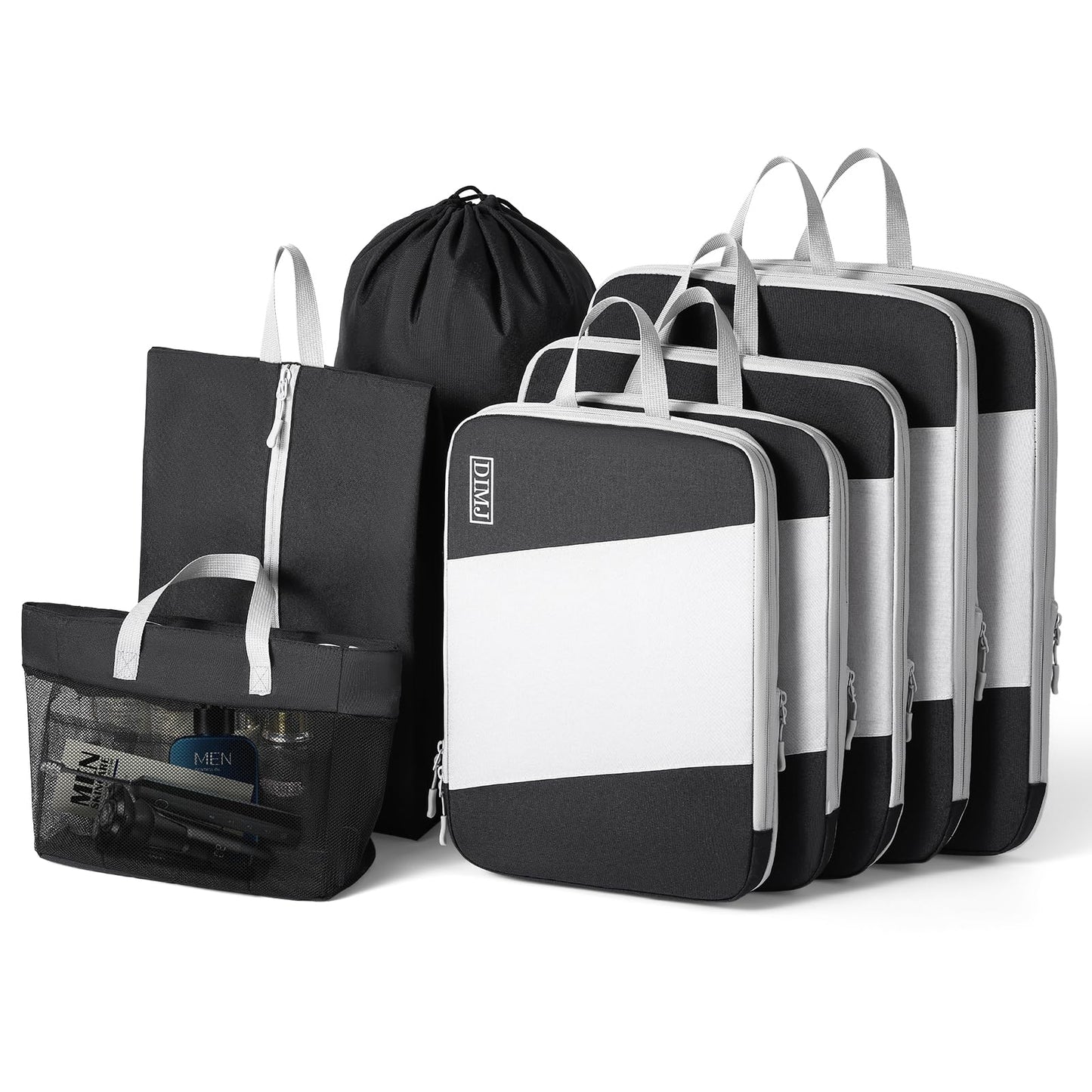Packing Cubes for Travel, DIMJ Large Capacity Compression Packing Cubes Sturdy Compression Packing Cubes Travel, Packing Cubes for Suitcases with Mesh Toiletry Bag, 8 Pack, White and Black, YSYLZ001
