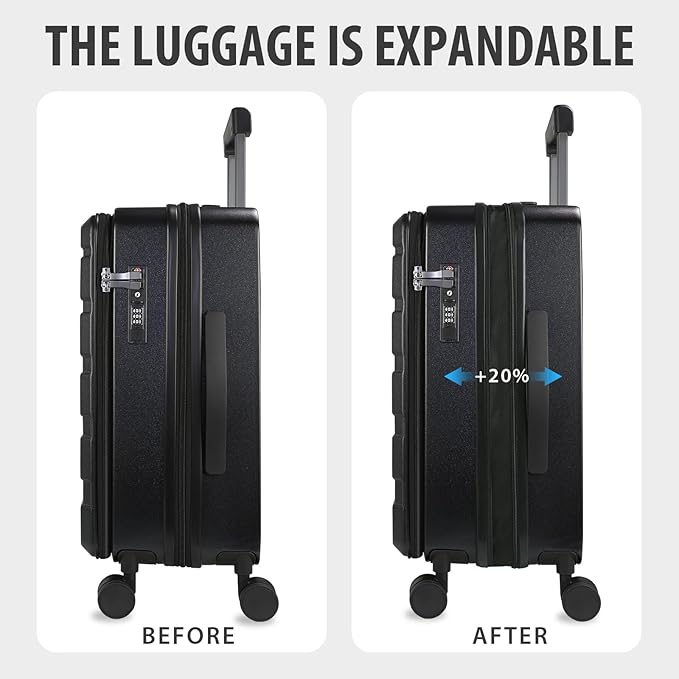 KROSER Carry On Luggage with Spinner Wheels & Built-in TSA Lock, Expandable Top Loading Hard Shell Suitcase Large Capacity Durable Rolling Luggage with USB Port, Carry-On 20-Inch, Black