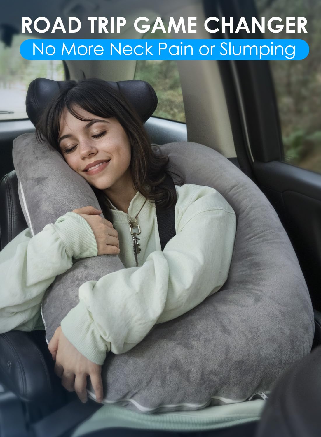 QUEEN ROSE Travel Pillow for Car Sleeping, Adjustable Length, Neck Support Pillow for Road Trips, for Adults & Kids, Soft Velvet, Grey