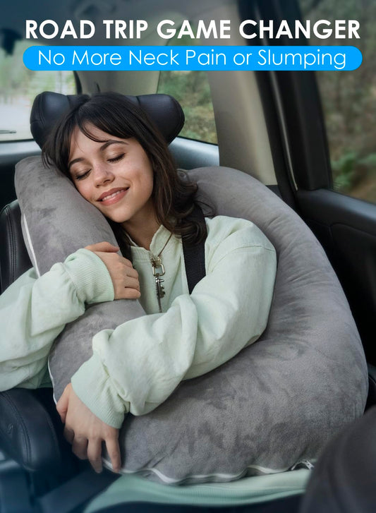 QUEEN ROSE Travel Pillow for Car Sleeping, Adjustable Length, Neck Support Pillow for Road Trips, for Adults & Kids, Soft Velvet, Grey
