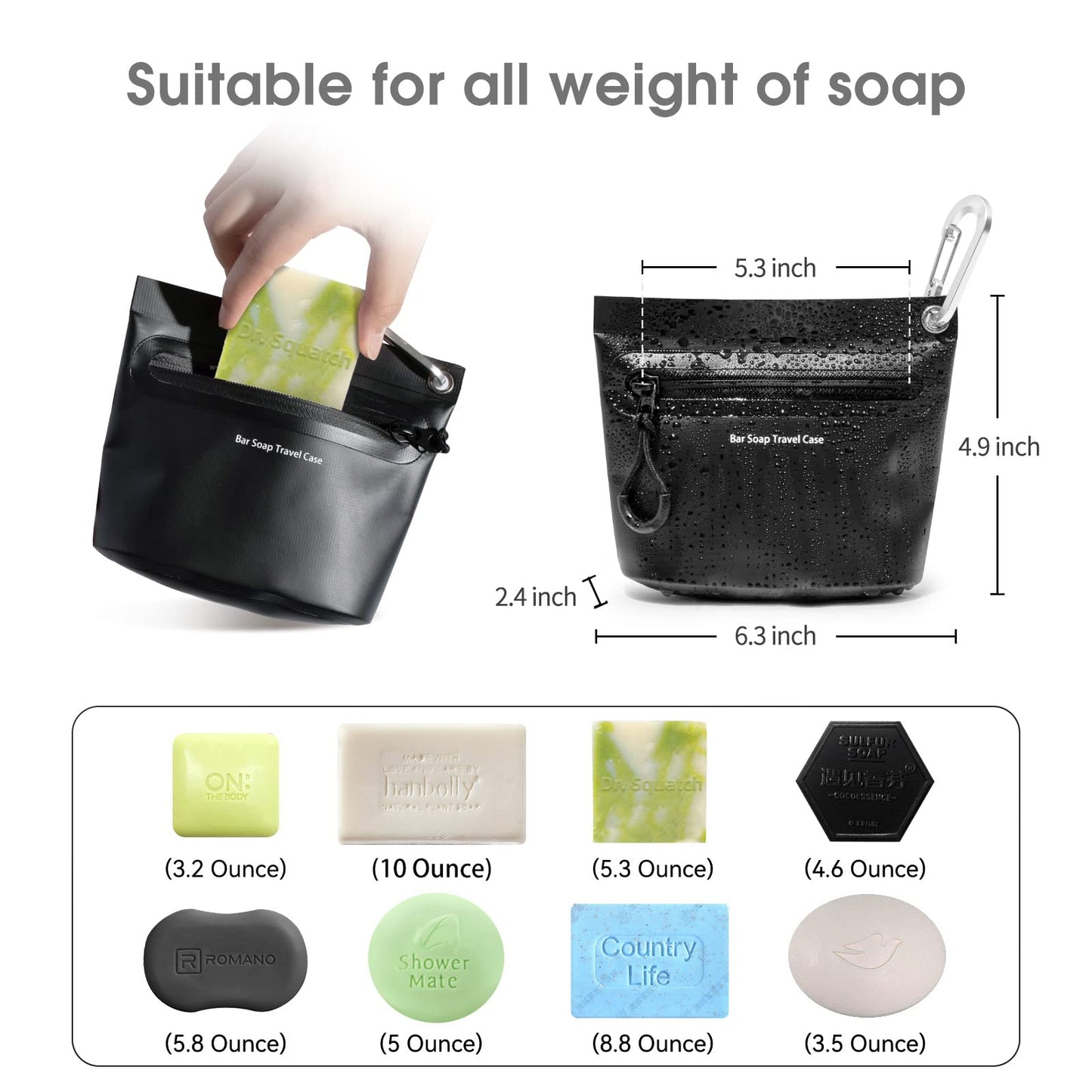 Travel Soap Container Bag with Waterproof Zipper and Carabiner Clip Waterproof and Leak Proof Soap Travel Case Travel Accessories (Black)