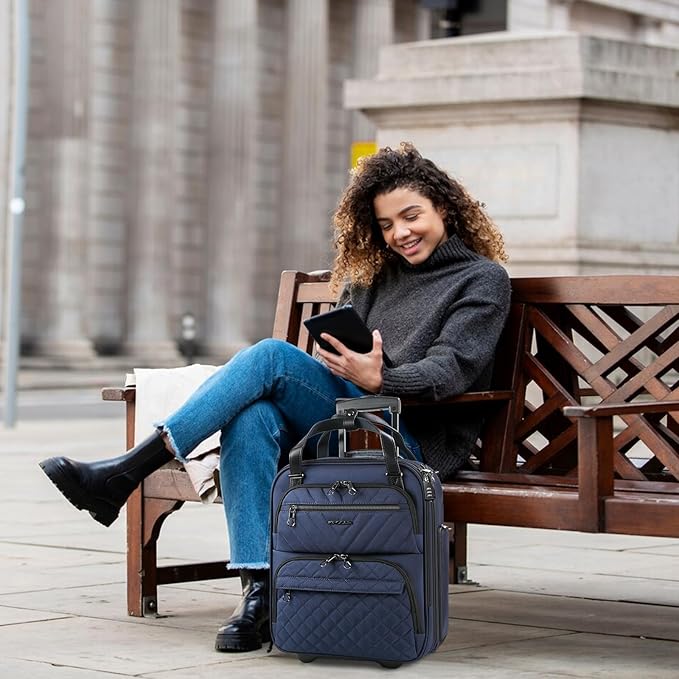 KROSER Carry On Underseat Multi-functional, 16-inch Underseater Lightweight Overnight Suitcase for Women, Navy