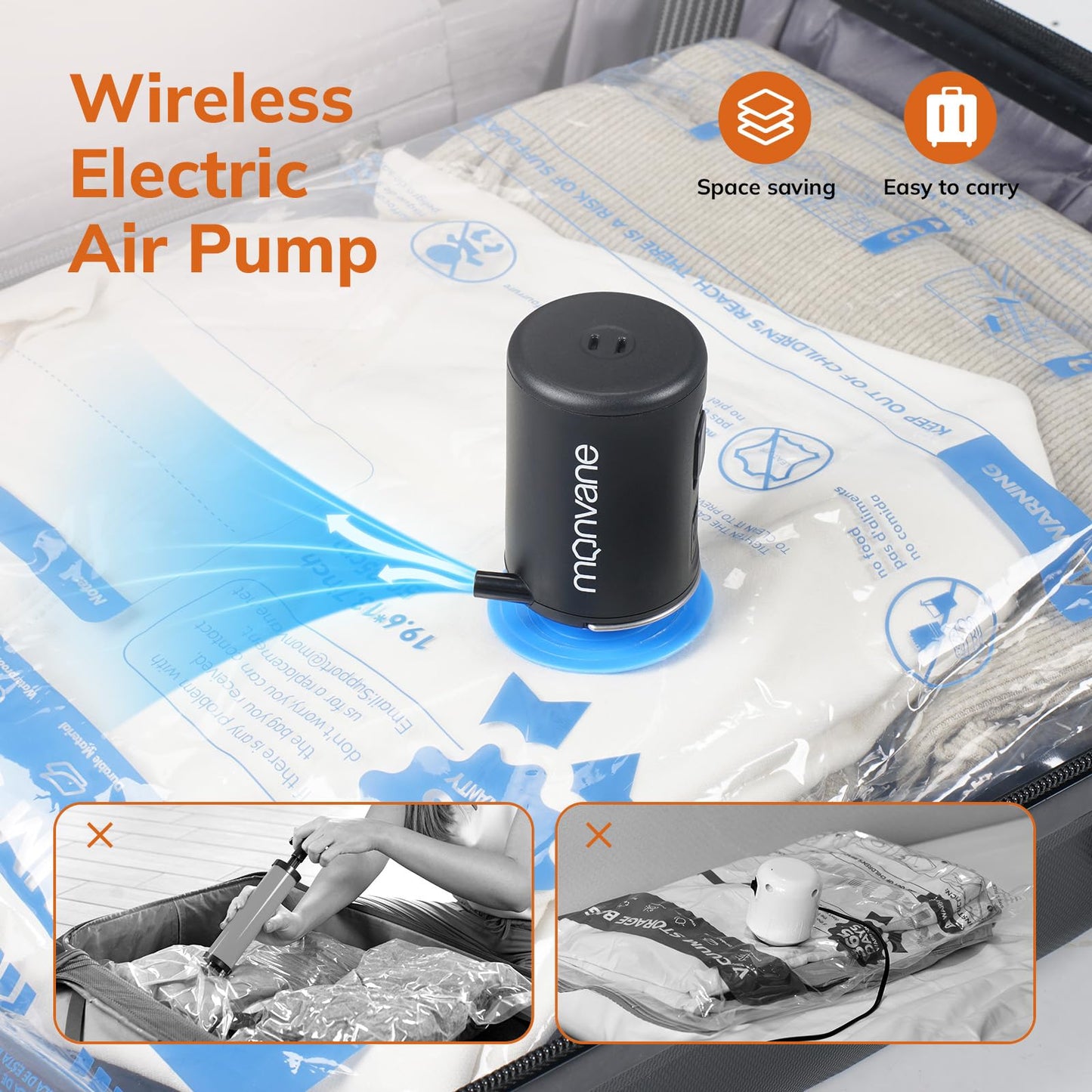 Vacuum Luggage Storage Bags with Cordless Electric Portable Pump, Double Zipper Sealed Space Saver Bag, Compression for Clothes, Bedding and Travel Essentials